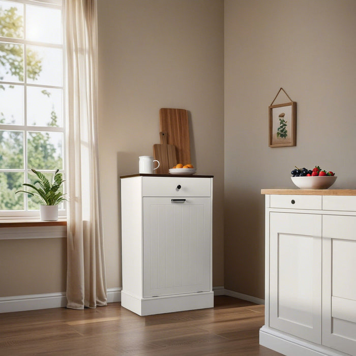 Tilt Out Trash Cabinet With Drawer, 10 Gallon Hamper - White