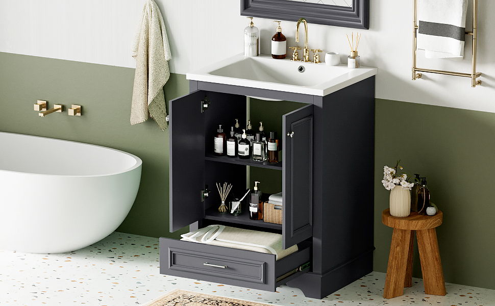 Bathroom Vanity With Ceramic Sink Combo, Modern Freestanding Storage Cabinet With Silver Handles