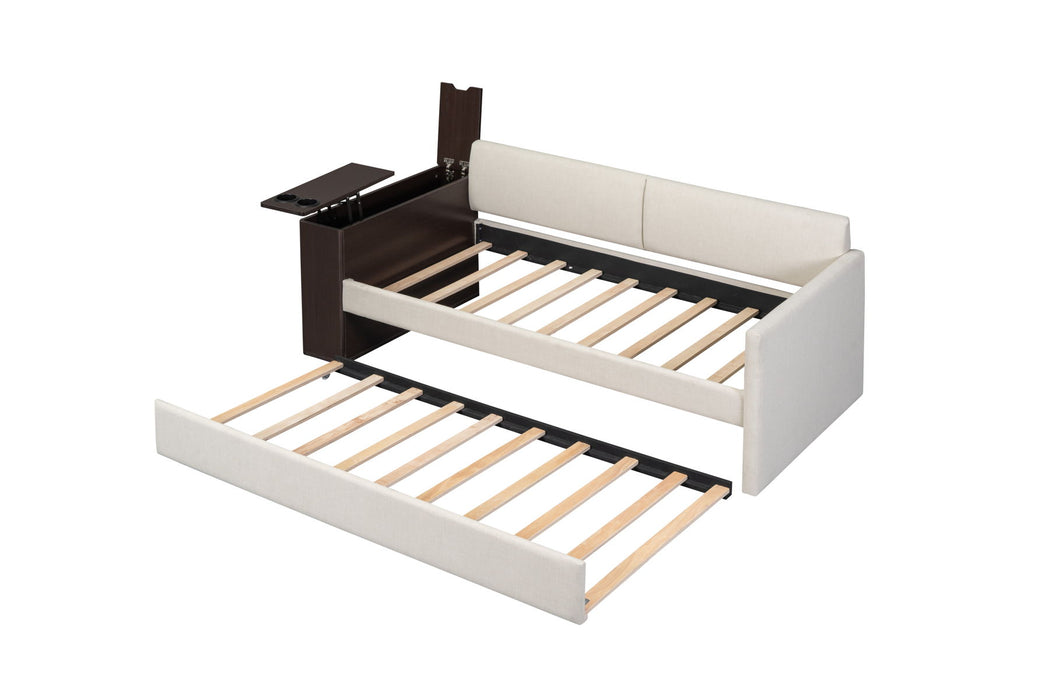 Twin Size Upholstery Daybed With Storage Arm, Trundle, Cup Holder And Usb Design, Beige