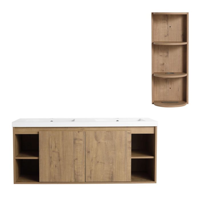 Modern 48" Wall Mounted Bathroom Vanity With Double Resin Sink And Storage Rack Soft Close Doors - Imitative Oak