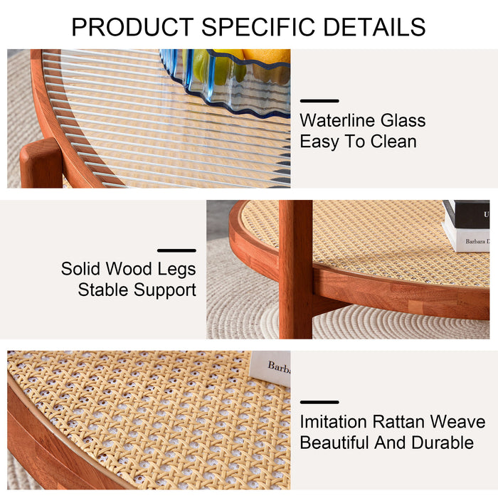 Modern Style Circular Double Layer Tea Table With Rattan Weave