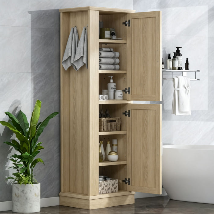 Tall Freestanding Bathroom Storage Cabinet With Adjustable Shelves And Side Hooks