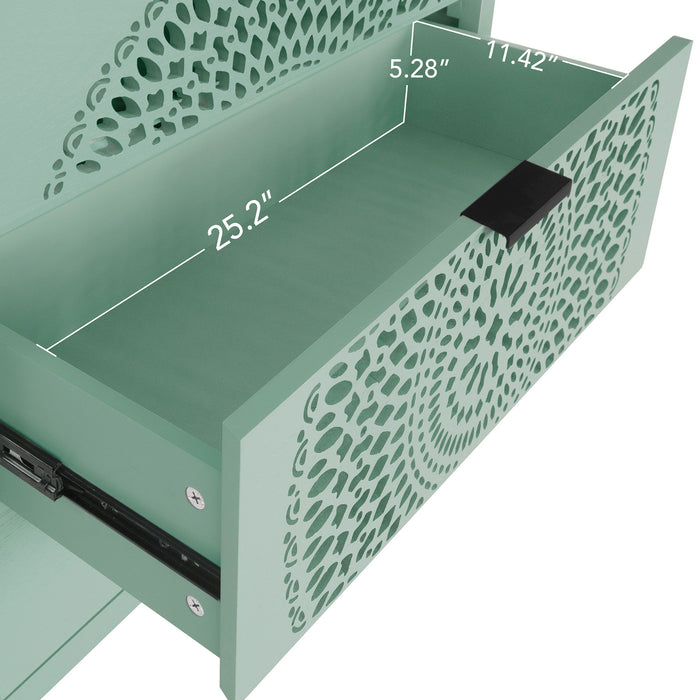 3 Drawer Storage Cabinet With Hollow Carved Design And Metal Handles, Chest For Entryway, Living Room Or Bedroom - Light Green