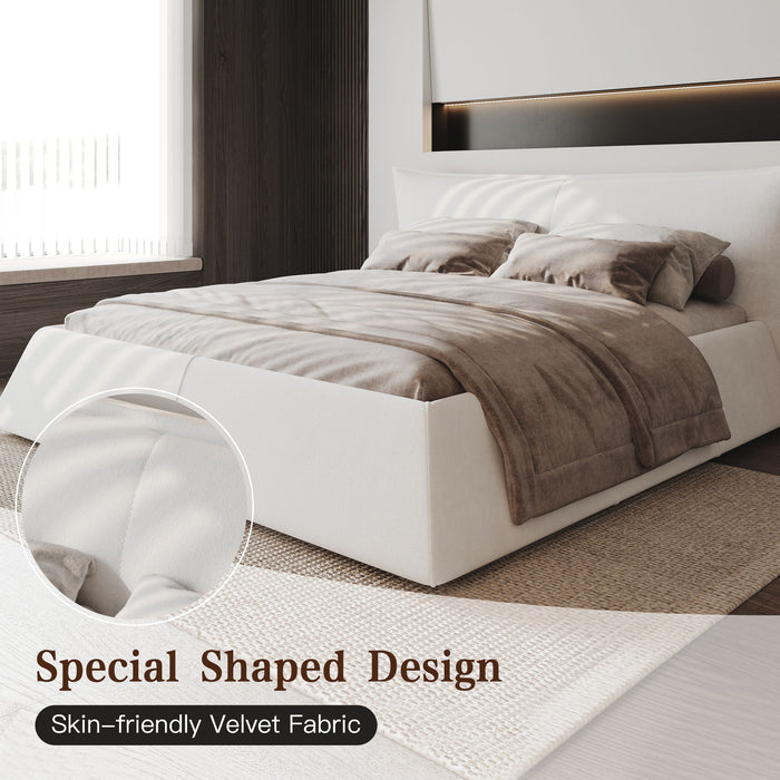 Upholstered Platform Bed With Special Shaped Velvet Headboard