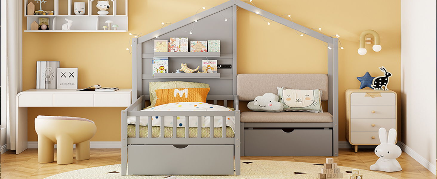 House Bed With Upholstered Sofa, Wireless Charging Station, Shelves And 2 Drawers