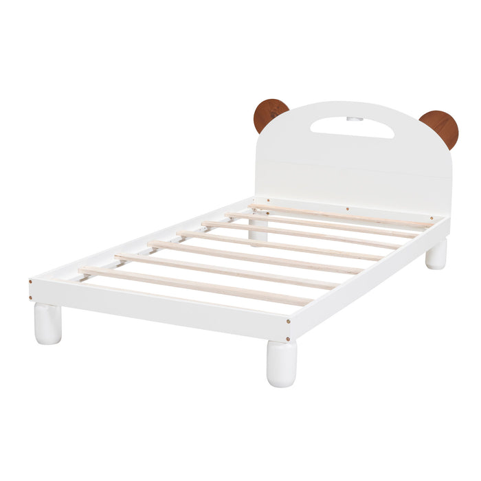 Twin Size Platform Bed With Bear Ears Shaped Headboard And Led, Cream White