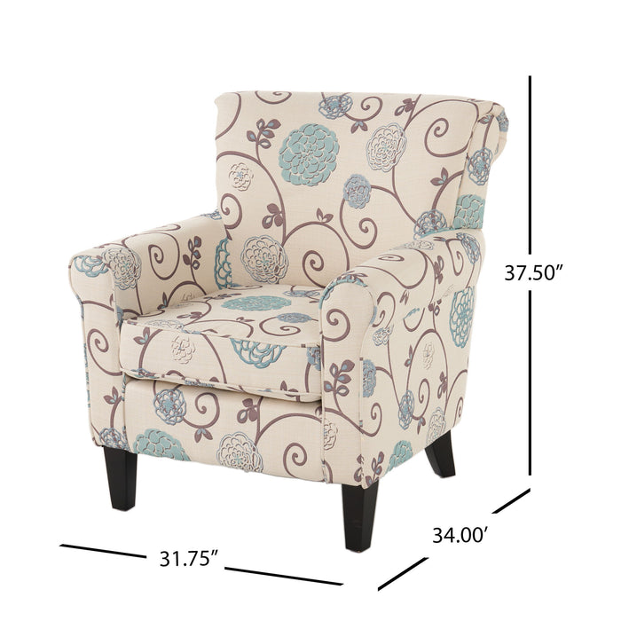 Upholstered Chair With Floral Pattern Design And Solid Wood Legs - Multi Color