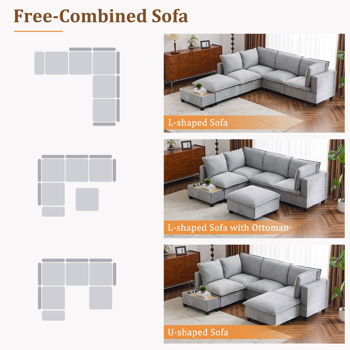 U-Shaped Sectional Modular Sofa With A Movable Ottoman, A Coffee Table With Hidden Charging Devices For Living Room