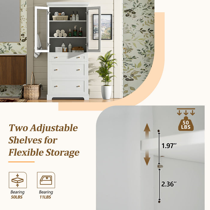 Freestanding Tall Bathroom Cabinet With Adjustable Shelves, Drawers, Soft Close Glass Doors
