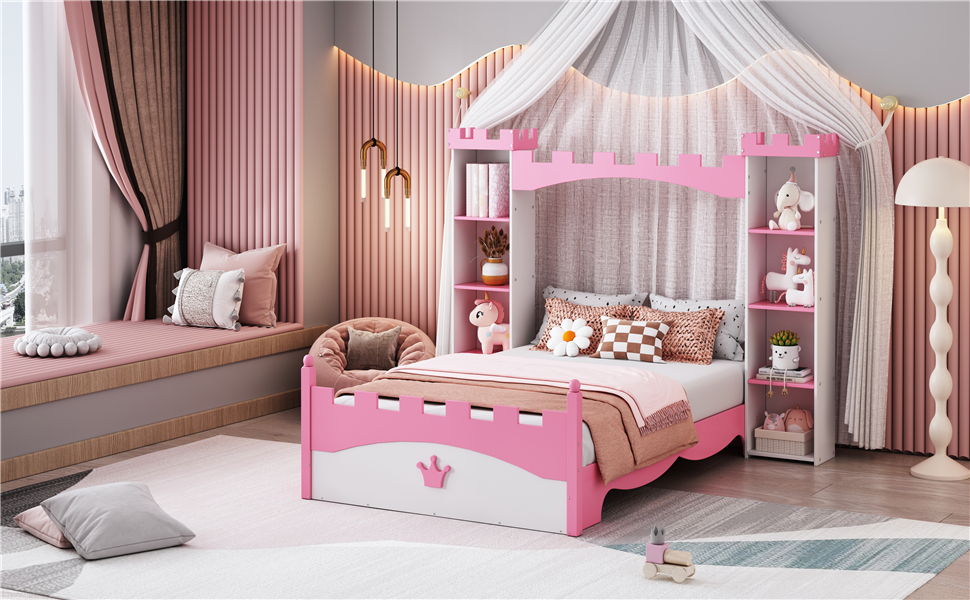 Castle Shaped Bed With Storage Shelf, Dreamy Platform Bed For Kids Bedroom