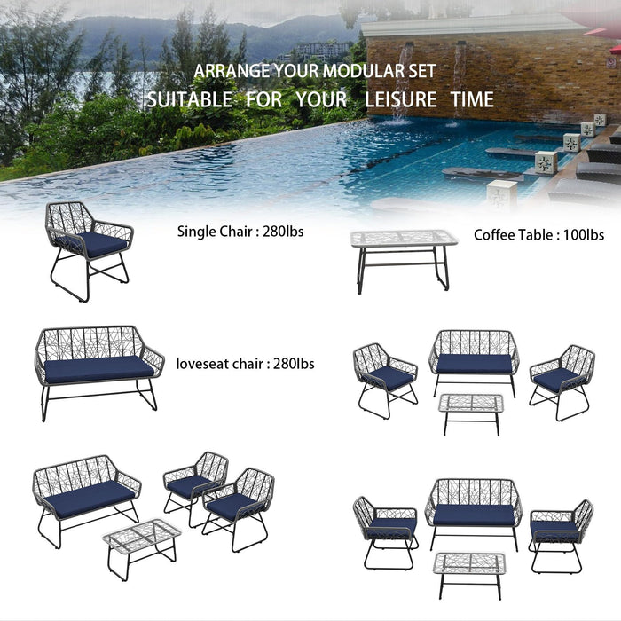 4 Piece Wicker Patio Furniture Set With Tempered Glass Table And Detachable Cushions