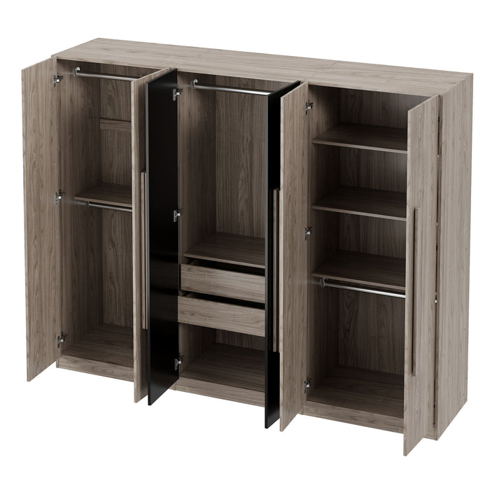 6 Doors Wardrobe Storage For Bedroom, With 2 Drawers Inside - Black / Nature