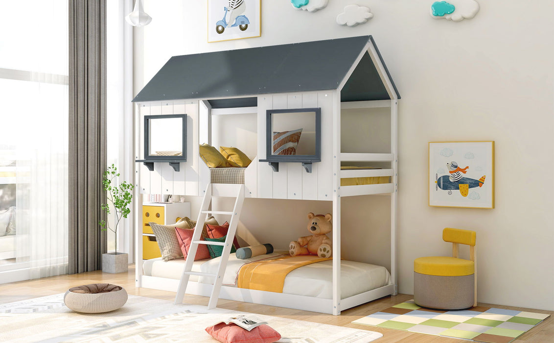 Twin Over Twin Bunk Bed With Roof, Window, Guardrail, Ladder