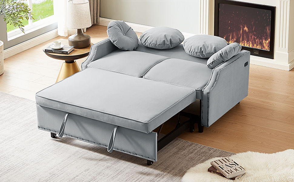 54.7" Multiple Adjustable Positions Sofa Bed Stylish Sofa Bed With A Button Tufted Backrest, Two USB Ports And Four Floral Lumbar Pillows For Living Room, Bedroom, Or Small Space, Light Grey