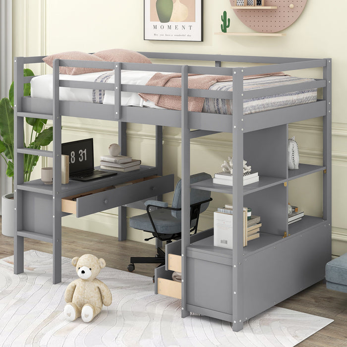 Twin Size Lo Feet Bed With Built-In Desk With Two Drawers, And Storage Shelves And Drawers, Gray