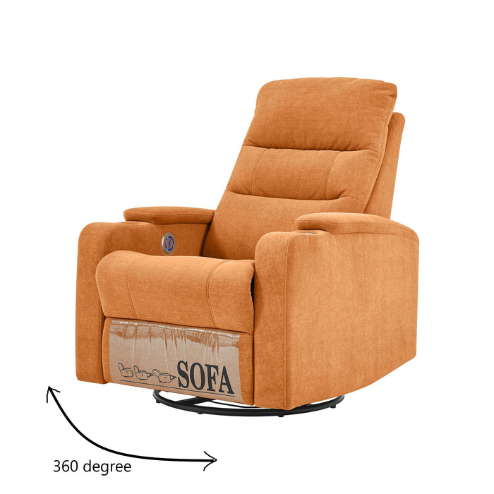 Swivel Rocking Recliner Sofa Chair With Usb Charge Port & Cup Holder For Living Room, Bedroom, Light Orange
