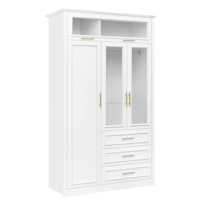 3 Door Wardrobe Armoire With LED Lighting And 3 Drawers - White