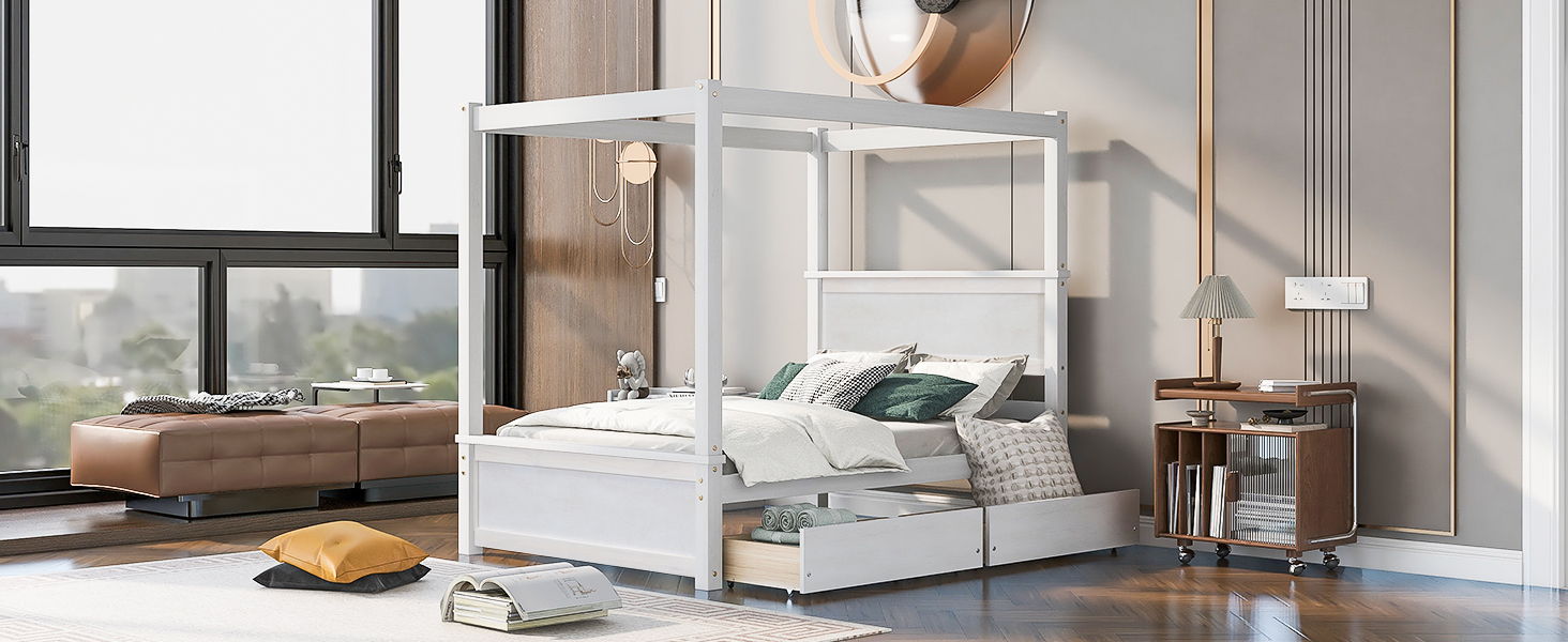 Canopy Platform Bed With Drawers, Support Slats, No Box Spring Needed