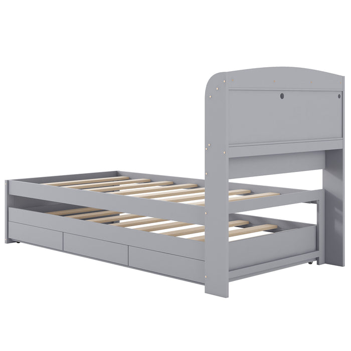 Platform Bed With LED Headboard, Charging Station, Trundle And 2 Drawers