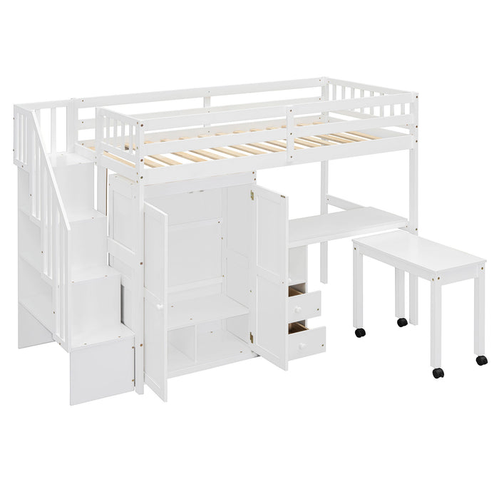 Loft Bed With Stairs, Bookshelf, Drawers, Desk & Wardrobe, Space Saving Multifunctional Furniture