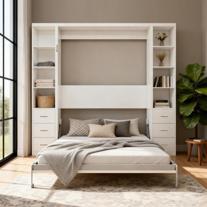 Queen Size Murphy Wall Bed With Side Storage Cabinets - White