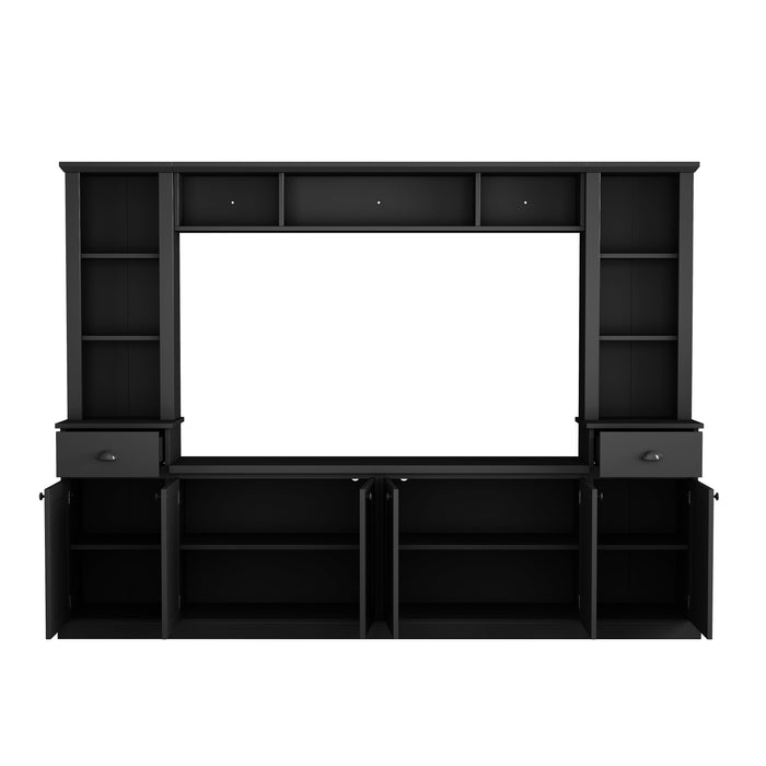 On Trend Minimalist Entertainment Wall Unit Set With Bridge For TVs Up To 75 Inches, Ample Storage Space TV Stand With Adjustable Shelves, Modernist Large Media Console For Living Room, Black