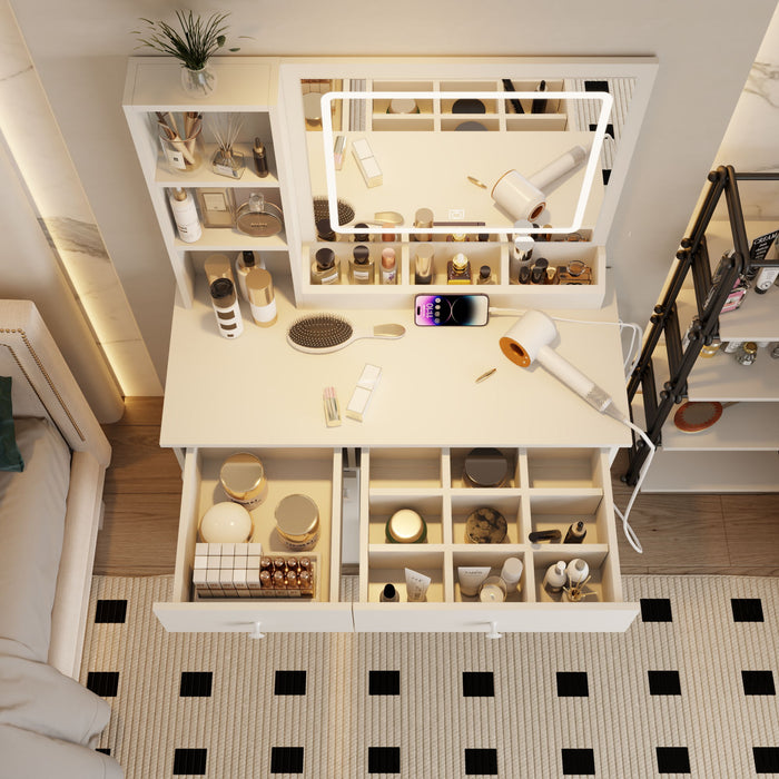 Fashion Vanity Desk With Mirror And Adjustable Lights, Makeup Table Set With 2 Drawers - White