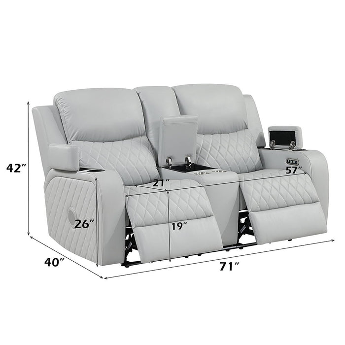 Elonzo - Power Motion Loveseat With Console, LED, Power Headrest & Speaker - Light Gray