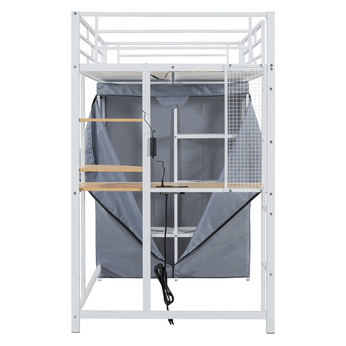 Loft Bed With Desk, Shelves, Power Outlet, LED Light And Wardrobe
