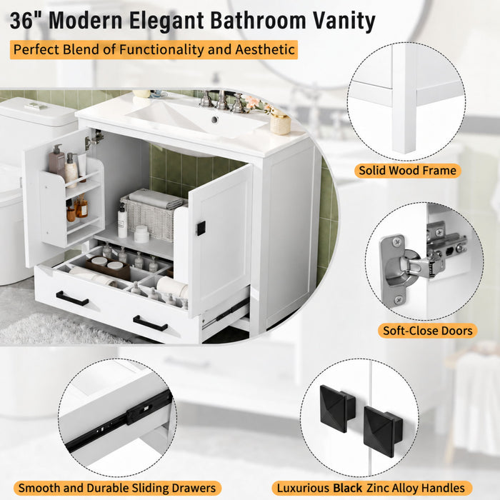 Bathroom Vanity With Sink, Soft Close Doors, Double Storage Shelves & Divided Drawer Ample Storage - White
