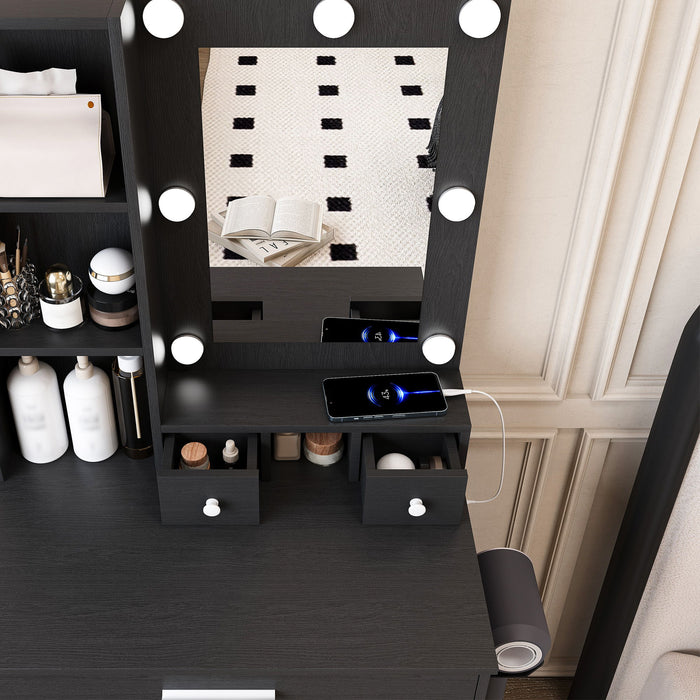 Vanity Table With Mirror, Adjustable LED Lights, Power Outlet, Hairdryer Holder & Stool