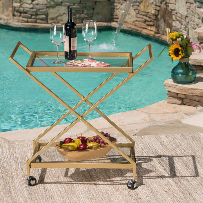 Sherianne - Industrial Bar Cart With Tempered Glass Shelves And Swivel Wheels - Gold