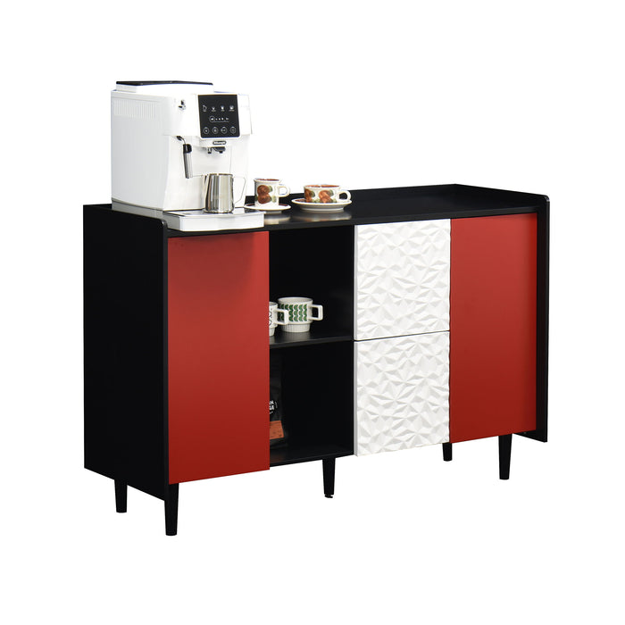 Modern Sideboard Buffet Cabinet With Red Doors And Unique Panel Styling
