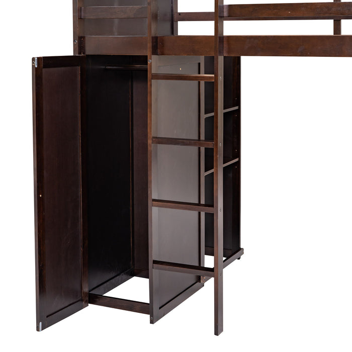 Loft Bed With A Stand Alone Bed, Shelves, Desk, And Wardrobe