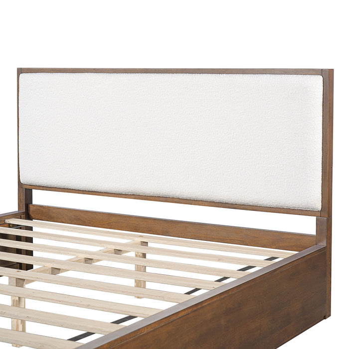 Queen Low Profile Design Bed With Upholstered Headboard - Beige / Walnut Brown