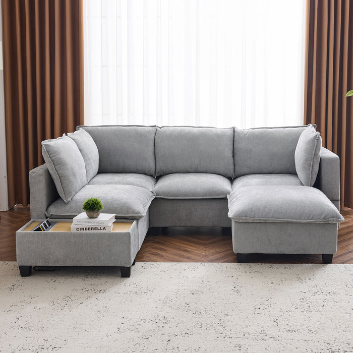 U-Shaped Sectional Modular Sofa With A Movable Ottoman, A Coffee Table With Hidden Charging Devices For Living Room