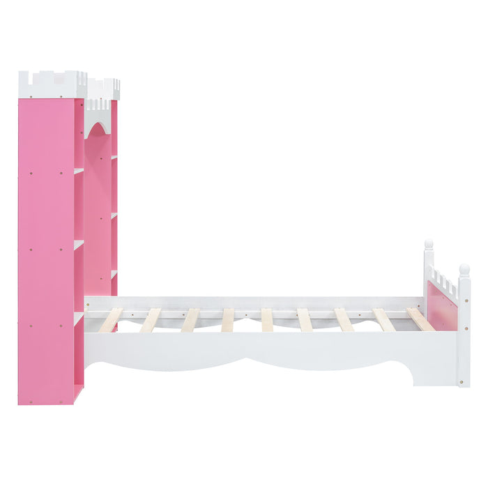 Castle Shaped Bed With Storage Shelf, Dreamy Platform Bed For Kids Bedroom