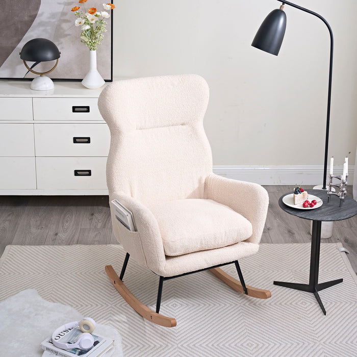 Modern Teddy Fabric Rocking Chair With High Backrest And Armrests Lounge Accent Chair For Living Room - Beige