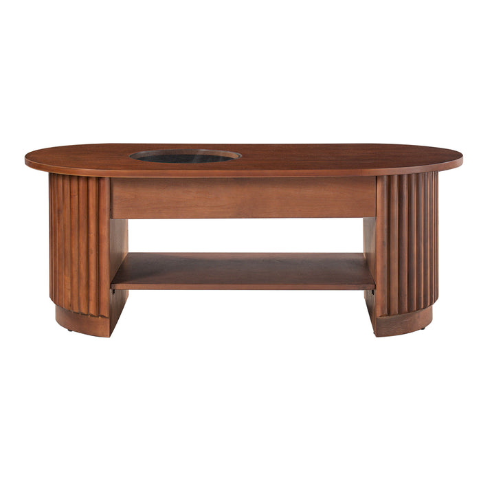 Fluted Oval Coffee Table With Drawers, 2 Tier Cocktail Table