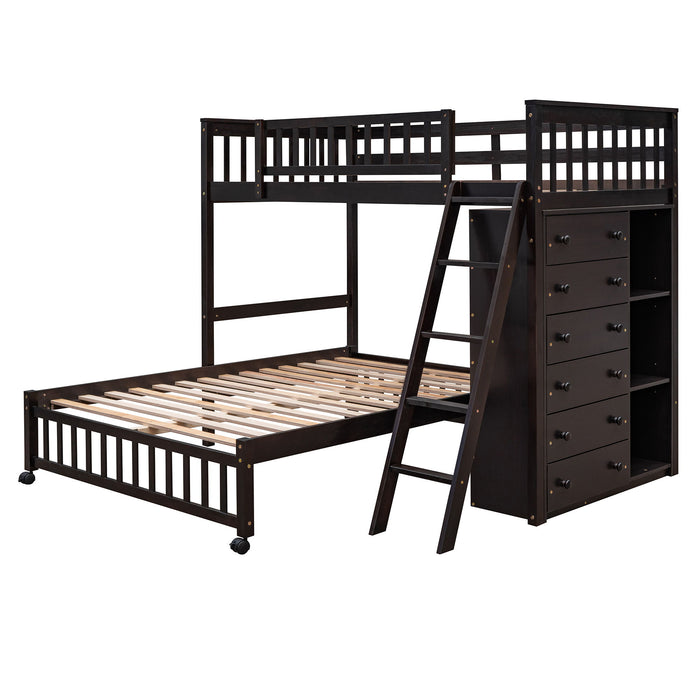 Wooden Twin Over Full Bunk Bed With Six Drawers And Flexible Shelves, Bottom Bed With Wheels, Espresso (Old Sku:Lp000531Aap)