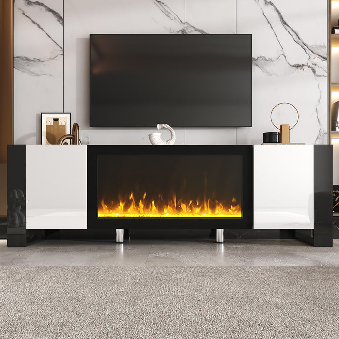 On Trend Modern TV Stand With 34.2" Non - Heating Electric Fireplace, High Gloss Entertainment Center With 2 Cabinets, Media Console For TVs Up To 78" , White
