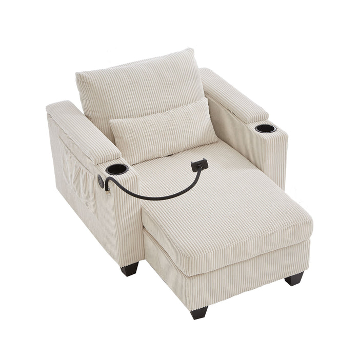 Convertible Chaise Lounge Sofa Chair With USB Ports, Cup Holders, Phone Holder And Storage