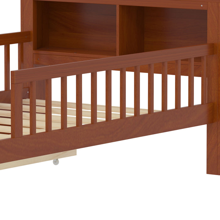 Bed With Headboard Storage Rack, 2 Under Bed Drawers, 3 Side Guardrails For Safety