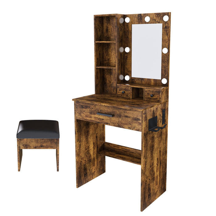 Vanity Table With Mirror, Adjustable LED Lights, Power Outlet, Hairdryer Holder & Stool