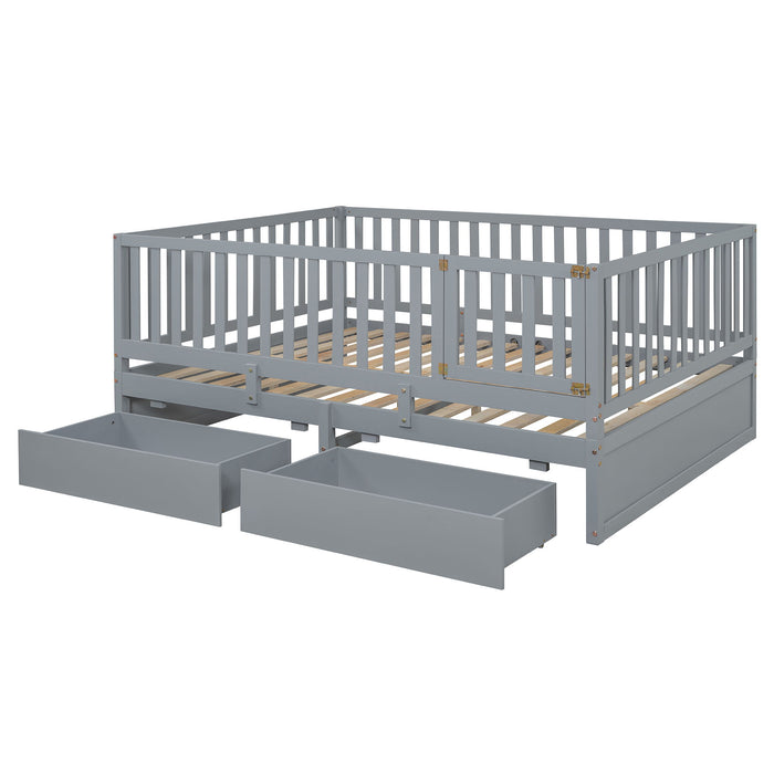 Daybed With Fence Guardrails And 2 Drawers, Split Into Independent Floor Bed & Daybed
