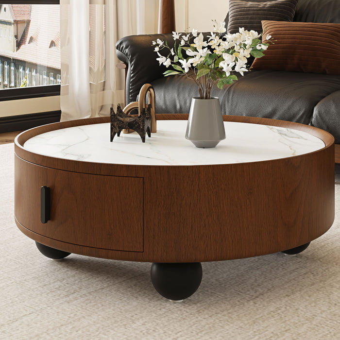 Round Coffee Table With Ball Feet, Pull Handle Storage Drawer - Bouguer Walnut / Brown
