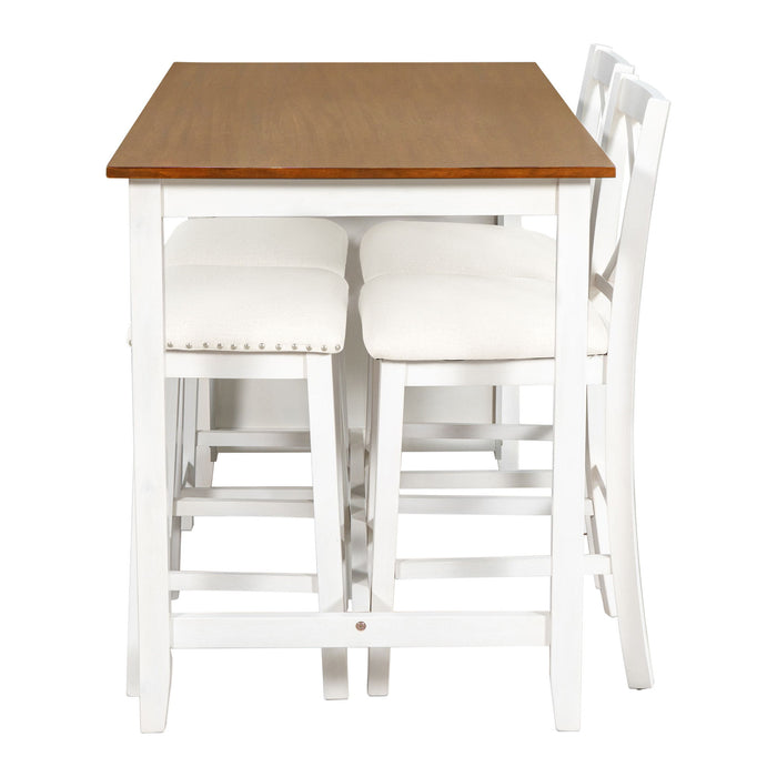 5 Pieces Counter Height Rustic Farmhouse Dining Room Wooden Bar Table Set With 2 Stools And 2 Chairs