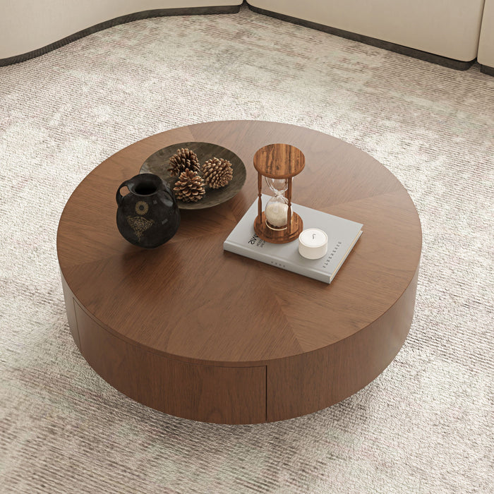 Drum Shaped Coffee Table With Hidden Storage Drawer, Low Profile For Living Room - Walnut
