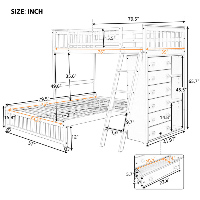 Wooden Twin Over Full Bunk Bed With Six Drawers And Flexible Shelves, Bottom Bed With Wheels, Gray (Old Sku:Lp000531Aae)