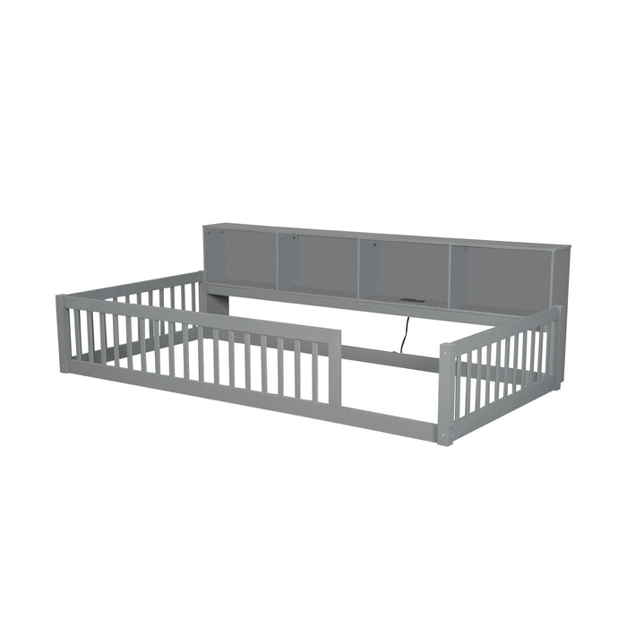 Twin Long Floor Bed With Storage Cabinets And USB Ports - Gray